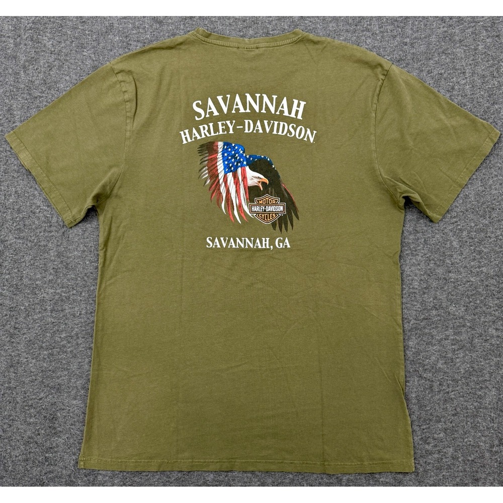 Harley Davidson Shirt Mens XXL Faded Green Savannah GA Eagle USA Flag HD Shield